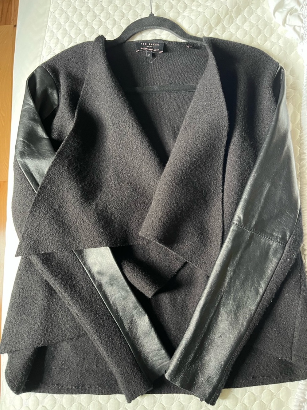 Ted Baker Black Wool Leather Sleeve Waterfall Cardigan Jacket